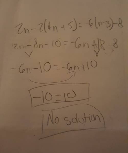 What is the solution of 2n-2(4n+5)=-6(n-3)-8