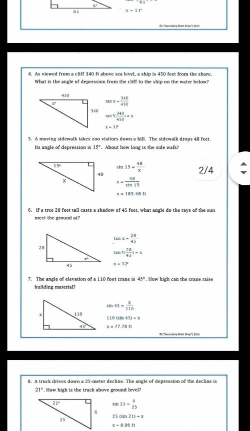 6. If a tree 28 feet tall casts a shadow of 45 feet, what angle do the rays of the sunmeet the groun