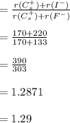 =  \frac{r(C_s^{+}) +r(I^{-})}{r(C_s^{+}) +r(F^{-})} \\\\=\frac{170+220}{170+133} \\\\=\frac{390}{303} \\\\ =1.2871 \\\\ =1.29