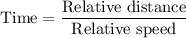 \text{Time}=\dfrac{\text{Relative distance}}{\text{Relative speed}}