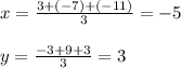 x=\frac{3 + (-7)+(-11)}{3}=-5\\\\y=\frac{-3 + 9 + 3}{3} =3