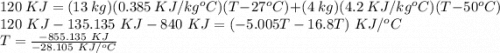 120\ KJ = (13\ kg)(0.385\ KJ/kg^oC)(T-27^oC) + (4\ kg)(4.2\ KJ/kg^oC)(T-50^oC)\\120\ KJ - 135.135\ KJ - 840\ KJ =  (- 5.005T - 16.8 T)\ KJ/^oC\\T = \frac{-855.135\ KJ}{-28.105\ KJ/^oC}\\