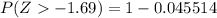 P(Z -1.69) = 1 - 0.045514