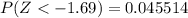 P(Z< -1.69) = 0.045514