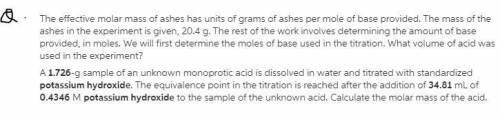 The effective molar mass of ashes has units of grams of ashes per mole of base provided. The mass of