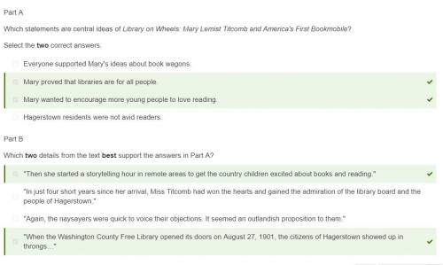 Part A

Which statements are central ideas of Library on Wheels: Mary Lemist Titcomb and America's F