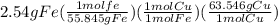 2.54gFe(\frac{1molfe}{55.845gFe})(\frac{1molCu}{1molFe})(\frac{63.546gCu}{1molCu})