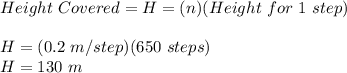 Height\ Covered = H = (n)(Height\ for\ 1\ step)\\\\H = (0.2\ m/step)(650\ steps)\\H = 130\ m
