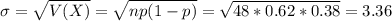 \sigma = \sqrt{V(X)} = \sqrt{np(1-p)} = \sqrt{48*0.62*0.38} = 3.36
