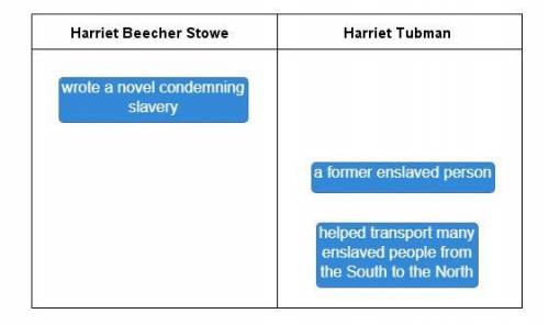 Drag each tile to the correct location.

Match each description with Harriet Beecher Stowe or Harrie