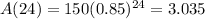 A(24) = 150(0.85)^{24} = 3.035