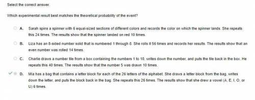 Next Statistical Models: Mastery Test Subm 2 Select the correct answer. Which experimental result be