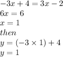 - 3x + 4 = 3x - 2 \\ 6x = 6 \\ x = 1 \\ then \\ y = ( - 3 \times 1) + 4 \\ y = 1