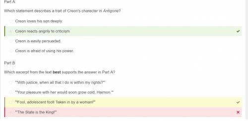 Part A

Which statement describes a trait of Creon's character in Antigone?
O Creon is easily persua