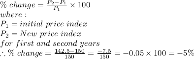 \%\ change = \frac{P_2 - P_1}{P_1} \times 100\\where:\\P_1 = initial\ price\ index\\P_2 = New\ price\ index\\for\ first\ and\ second\ years\\\therefore \%\ change = \frac{142.5 - 150}{150} = \frac{-7.5}{150}= -0.05  \times 100 = -5\%\\