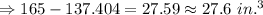 \Rightarrow 165-137.404=27.59\approx 27.6\ in.^3