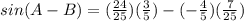 sin(A - B) = (\frac{24}{25})(\frac{3}{5}) - (-\frac{4}{5})(\frac{7}{25})