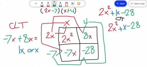 Multiply the expression together

(2x-7)( x+4)=
Multiply the polynomials together 
(2x-7)(x+4
Show y