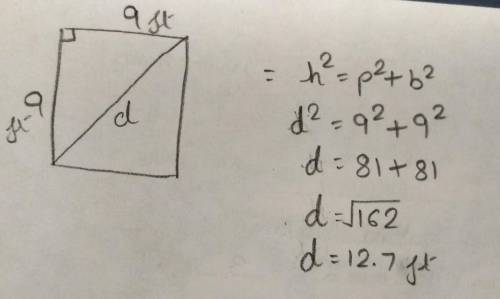 A garden is in the shape of a square with each side measuring 9 feet. Find the distance diagonally a