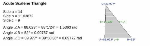 In ADEF, E = 52°, d = 14, and f = 9. Find e.