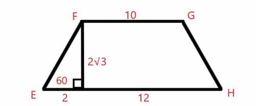 In isosceles trapezoid EFGH, FG parallel EH, FG=10, GH=12, and ∠E=60. Find the area of EFGH.