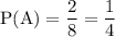 \displaystyle\rm P(A) =  \frac{2}{8}  =  \frac{1}{4}