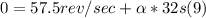 0 = 57.5 rev/sec + \alpha * 32 s  (9)