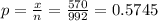 p = \frac{x}{n} = \frac{570}{992} = 0.5745