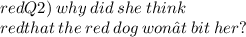 \small\color{red}{Q2) \: why \:  did \:  she \:  think}\\ \small\color{red}{ that \:  the \:  red \:  dog \:  won’t \:  bit \:  her?}