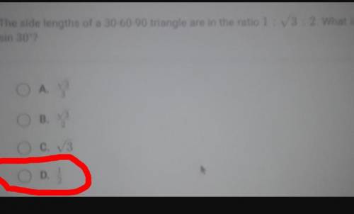 The side lengths of a 30-60-90 triangle are in the ratio 1 : 3 : 2. What is sin 30?​