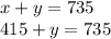 x+y=735\\415+y=735