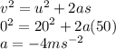 v {}^{2}  =  {u}^{2}  + 2as \\ 0 {}^{2} =  {20}^{2}   + 2a(50) \\ a =  - 4ms {}^{ - 2}