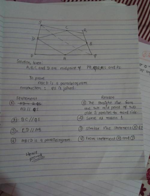 Heya!

 In the given quadrilateral PQRS, the mid-points of the sides PQ , QR , RS and SP are A , B ,