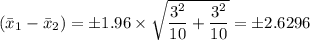 \left (\bar{x}_1-\bar{x}_{2}  \right ) =  \pm 1.96 \times \sqrt{\dfrac{3^{2}}{10} + \dfrac{3^{2}}{10}} = \pm 2.6296