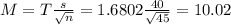 M = T\frac{s}{\sqrt{n}} = 1.6802\frac{40}{\sqrt{45}} = 10.02