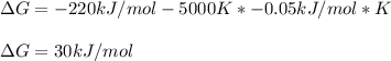 \Delta G=-220kJ/mol-5000K*-0.05kJ/mol*K\\\\\Delta G=30kJ/mol