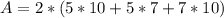 A = 2*(5*10 + 5*7 + 7*10)