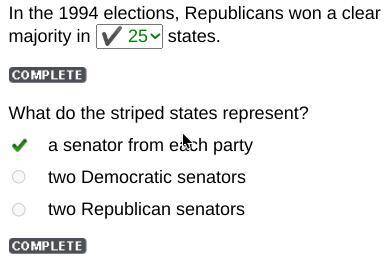 What do the striped states represent?

a senator from each party
two Democratic senators
two Republi