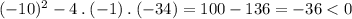 ( { - 10})^{2}  - 4 \: . \: ( - 1) \: . \: ( - 34) = 100 - 136 =  - 36 < 0