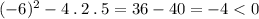 ( { - 6})^{2}  - 4 \: . \: 2 \: . \: 5 = 36 - 40 =  - 4 < 0