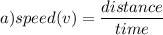 a) speed (v) =\dfrac{distance}{time}