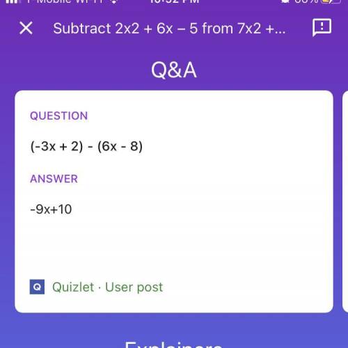 Subtract 2x2 + 6x – 5 from 7x2 + 3x + 4.