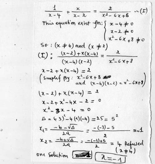 Solve this rational equation 1/x-4 + x/x-2 = 2/x^2-6x+8