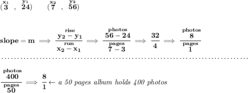 \bf (\stackrel{x_1}{3}~,~\stackrel{y_1}{24})\qquad (\stackrel{x_2}{7}~,~\stackrel{y_2}{56}) \\\\\\ slope = m\implies \cfrac{\stackrel{rise}{ y_2- y_1}}{\stackrel{run}{ x_2- x_1}}\implies \cfrac{\stackrel{photos}{56-24}}{\stackrel{pages}{7-3}}\implies \cfrac{32}{4}\implies \cfrac{\stackrel{photos}{8}}{\stackrel{pages}{1}} \\\\[-0.35em] ~\dotfill\\\\ \cfrac{\stackrel{photos}{400}}{\stackrel{pages}{50}}\implies \cfrac{8}{1}\leftarrow \textit{a 50 pages album holds 400 photos}