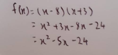 What is the y-intercept of the quadratic function f(x) = (x – 8)(x + 3)?