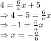 4=\frac{6}{a}x+5\\\Rightarrow 4-5=\frac{6}{a}x\\\Rightarrow -1=\frac{6}{a}x\\\Rightarrow x=-\frac{a}{6}