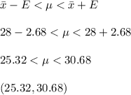 \bar x - E < \mu < \bar x + E\\\\28 - 2.68 <  \mu < 28 + 2.68\\\\25.32 <  \mu < 30.68\\\\(25.32,  30.68)\\\\