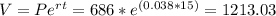 V = Pe^{rt} = 686*e^{(0.038*15)} = 1213.03