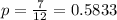 p = \frac{7}{12} = 0.5833