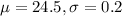 \mu = 24.5, \sigma = 0.2